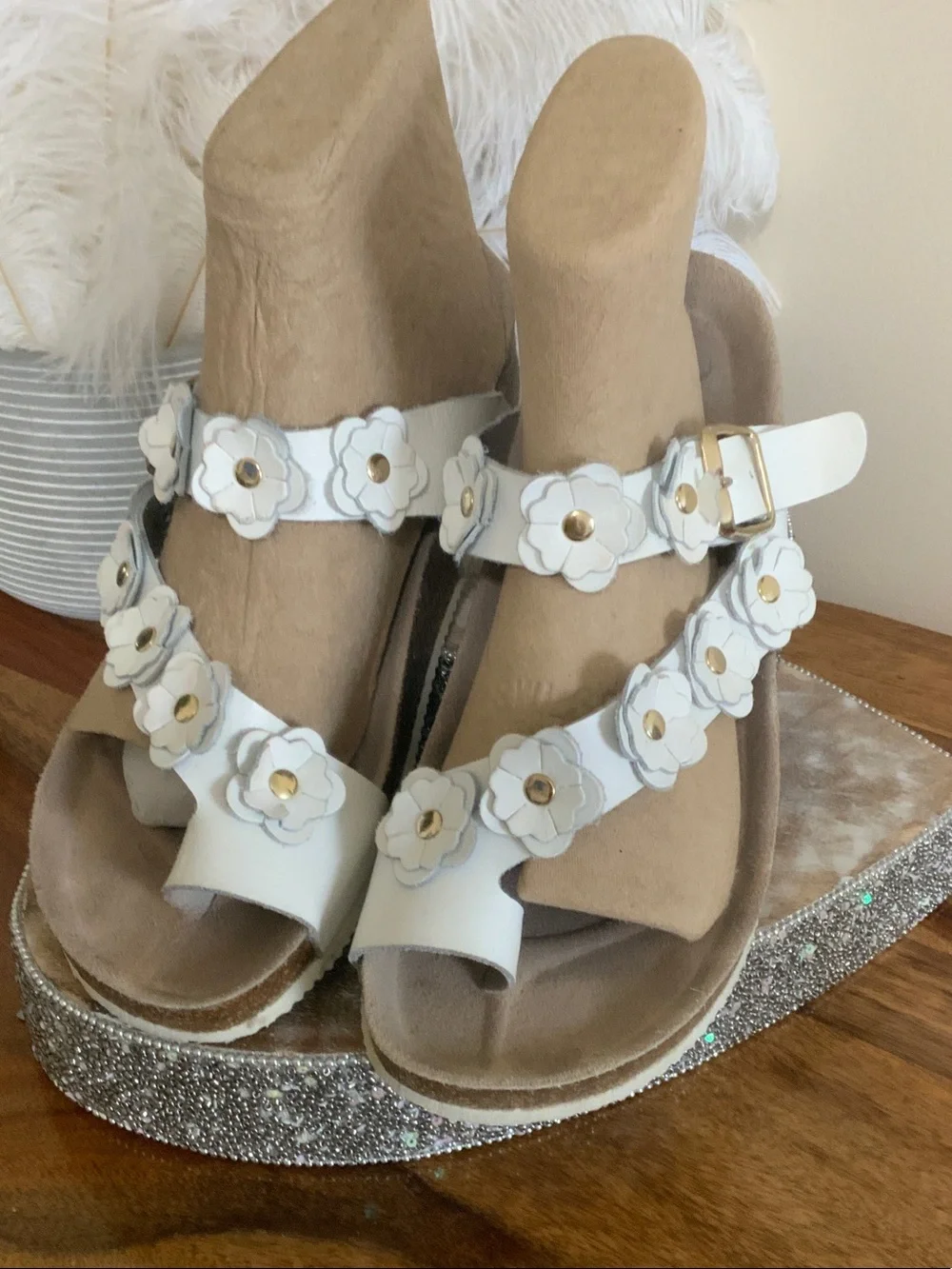 White Floral Platform Wedge Sandals - Women's Adjustable Straps